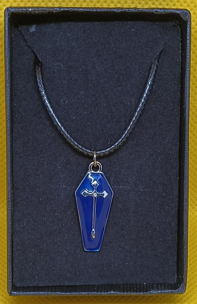 Enamel Blue Coffin With Cross Pendant Necklace.
