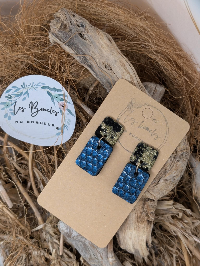 Boucles d&#039;oreilles Anti Gaspi  bleu canard doré ag015