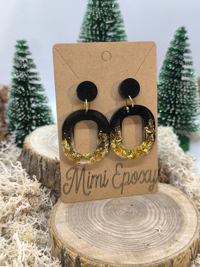 Boucles d'oreilles ovale noir et feuilles dorées 