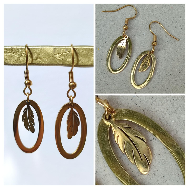 Boucles d&#039;oreilles feuilles et ovales en acier inoxydable doré -sans nickel, pièce unique 