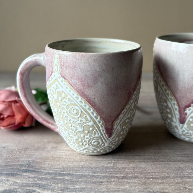 Romantic Pink Large Mug with White Patterns, handmade stoneware, Art Piece
