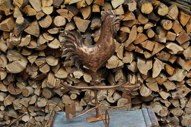 Hand made copper rooster wind vane with cardinal points