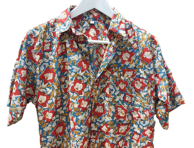 Chemise d'été homme manches courtes, coton léger imprimé à la main, motif floral rouge, bleu, beige