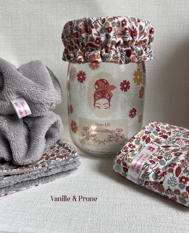 Kit Beauté zéro déchet fleuri gris et son bocal déco assorti 