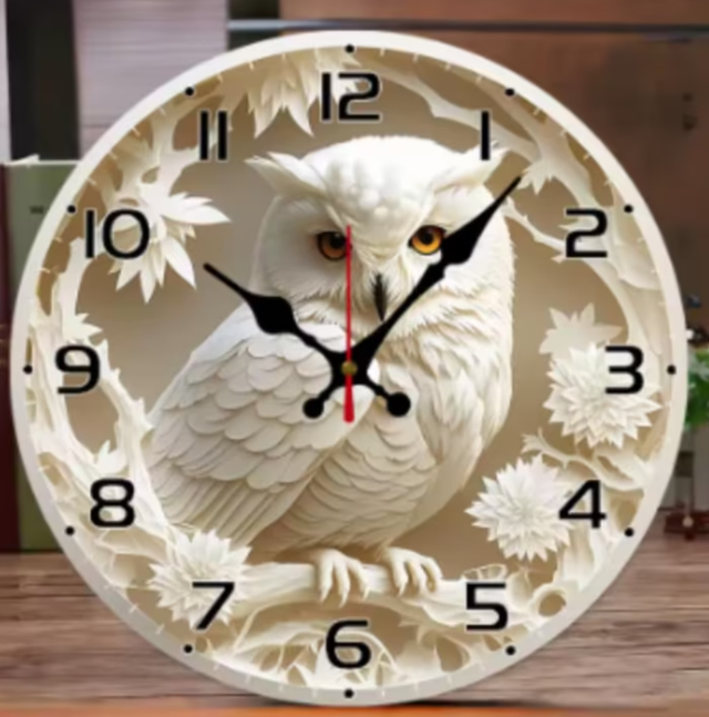Ronde wandklok van hout analoge Grote witte uil (25cm)