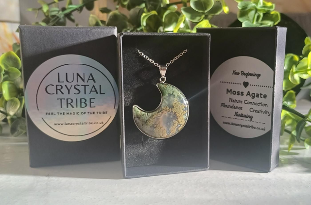 Large Moss Agate Crescent Moon Necklace