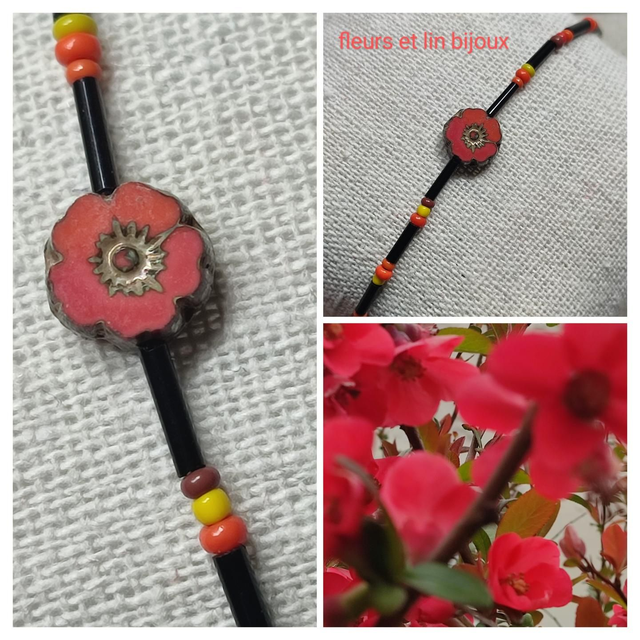 Bracelet fleur en verre réglable sur fil de jade résistant, pièce unique 