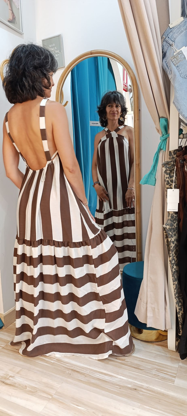 Vestido Largo tirantes rayas chocolate espalda abierta