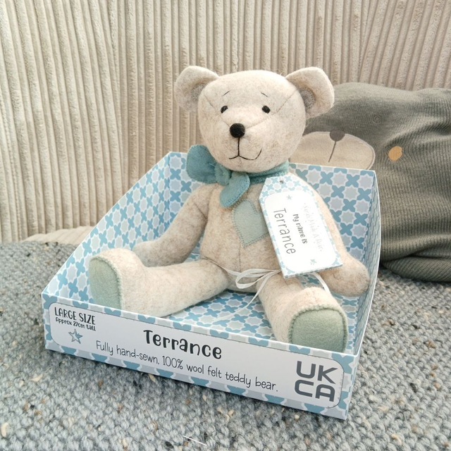 Terrance. Large size. 100% wool felt, hand-sewn teddy bear. UKCA toy. Beige. Green. Blue. Grey.