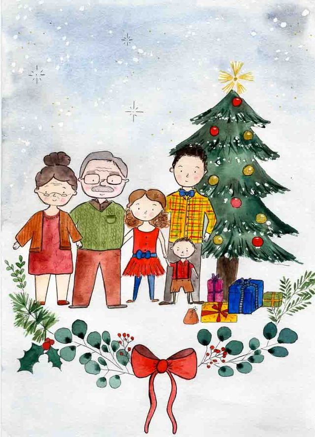 Portrait de famille personnalisé à l’aquarelle – Illustration sur mesure A3