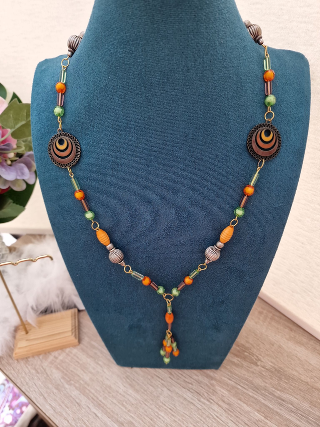 Collier Sautoir Doré Perles Orange Vert Marron