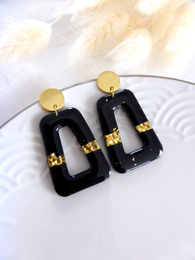 Boucles d'oreilles trapèzes noires - Nuit dorée