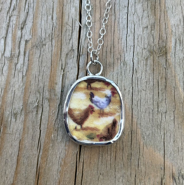 Recycled Pottery “Chickens” &amp; Recycled Silver Pendant