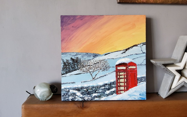 Sunrise over Keld&#039;s phonebox and snowy hills. Original oil on 30.5x 30.5 cm wooden canvas. 