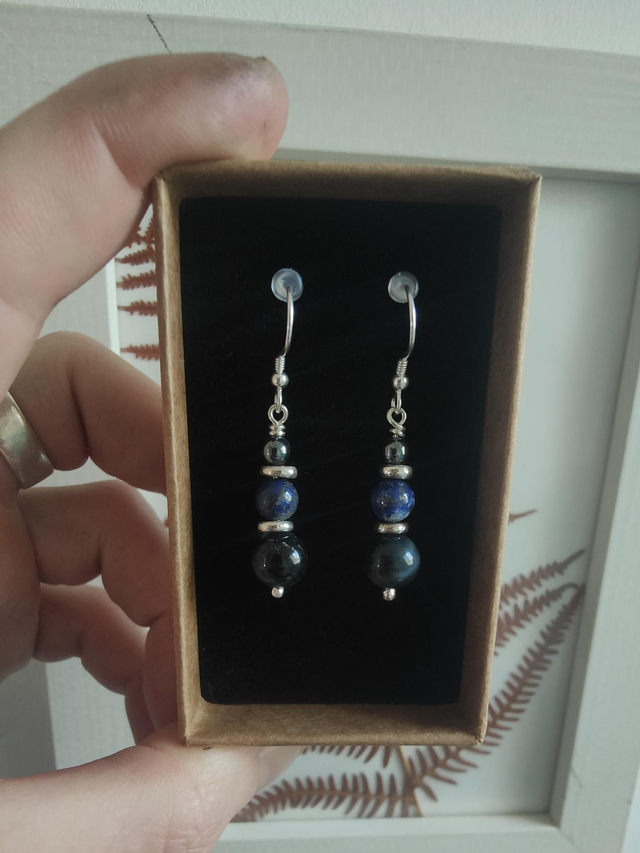 Boucles d&#039;oreilles &quot;Harmonie&quot; Triple Argent 925 : Hématite Lapis Lazuli Œil de Faucon