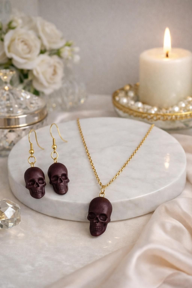Parure boucle d'oreille et pendentif SKULL prune marbré 