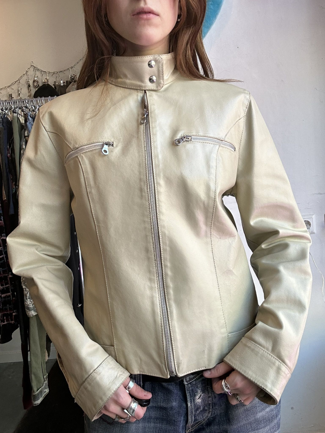 creme leather jacket with front zipper chest pockets