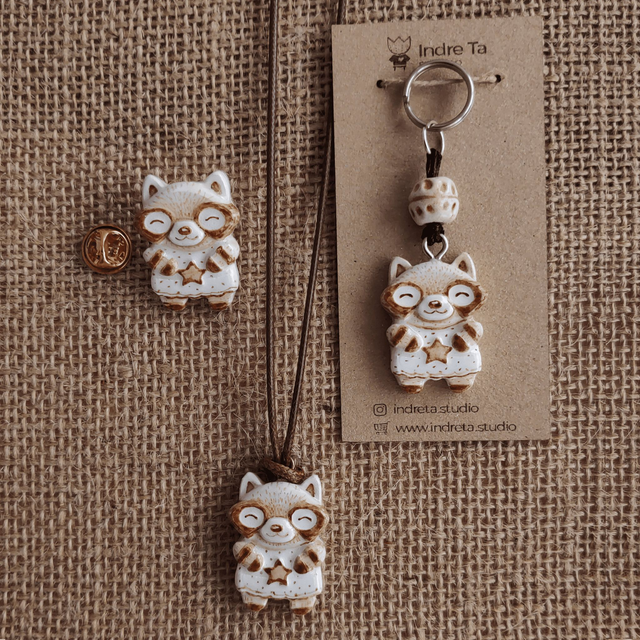 Raccoon - Red Panda clay keychain - Clay Raccoon Necklace - Clay Red panda charm - Air dry clay pendant