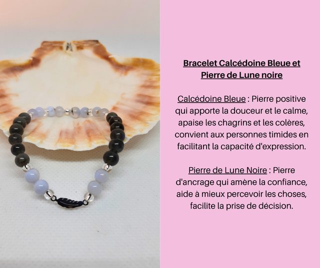 20- Bracelet Calcédoine Bleue et Pierre de Lune Noire