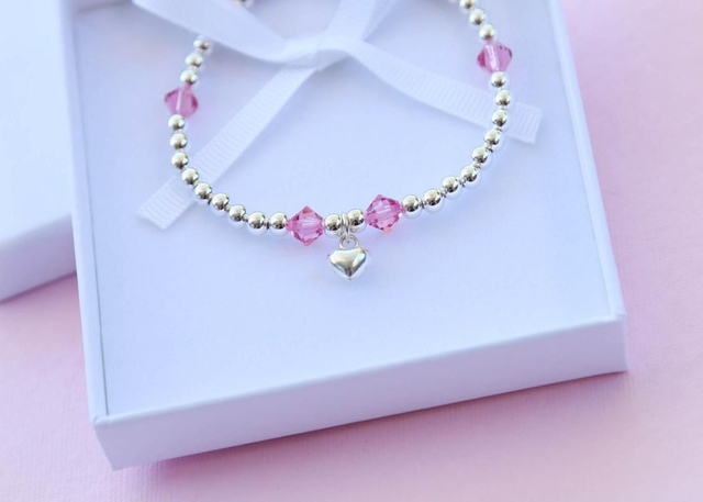 Pink Serenity Crystal Heart Charm Stretch Bracelet