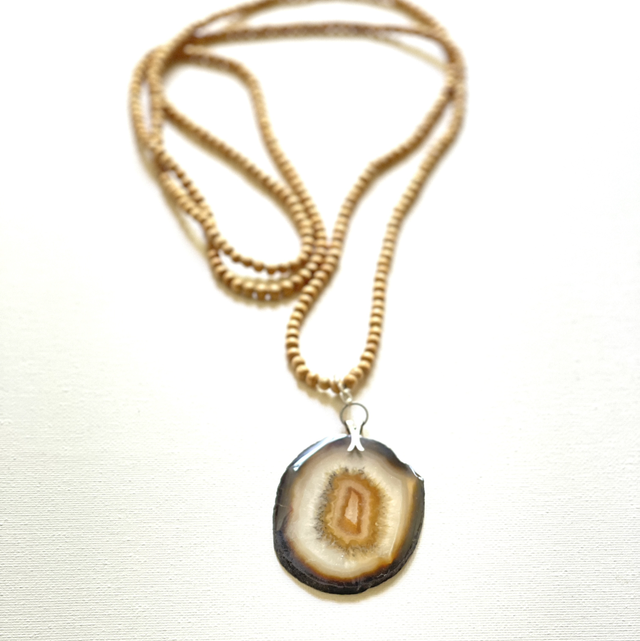 Vintage Achat Scheibe an Holzperlen Kett