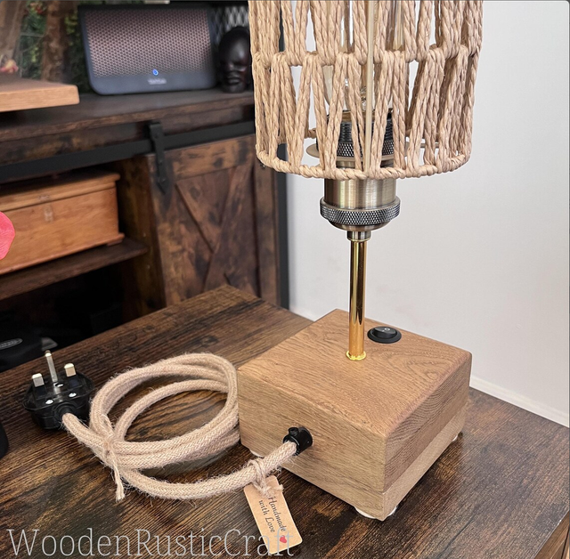 Solid Oak Table Lamp with Woven Cord Shade