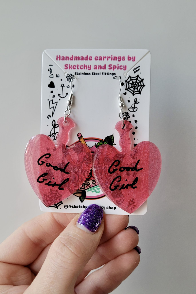Earrings | GOOD GIRL Cherry Red Shimmer Heart Paddle Earrings  | Stainless Steel Hooks