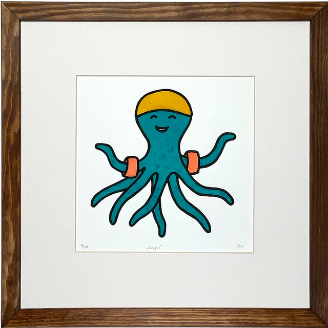 Linoldruck "Kalypso" Octopus mit Schwimmflügeln 30x30cm