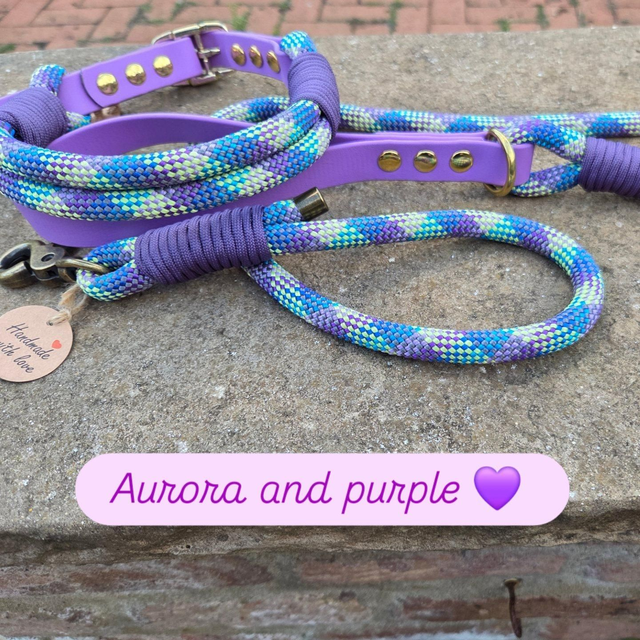 Aurora/purple- biothane &amp; rope collar &amp; lead