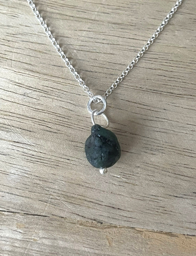 May - Emerald birthstone necklace - raw & threaded with sterling silver