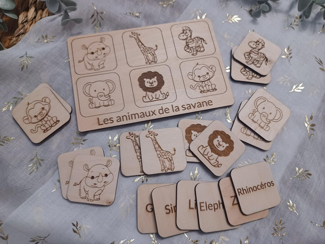 Memory évolutif en bois – Animaux de la savane 🦁🦒🐘