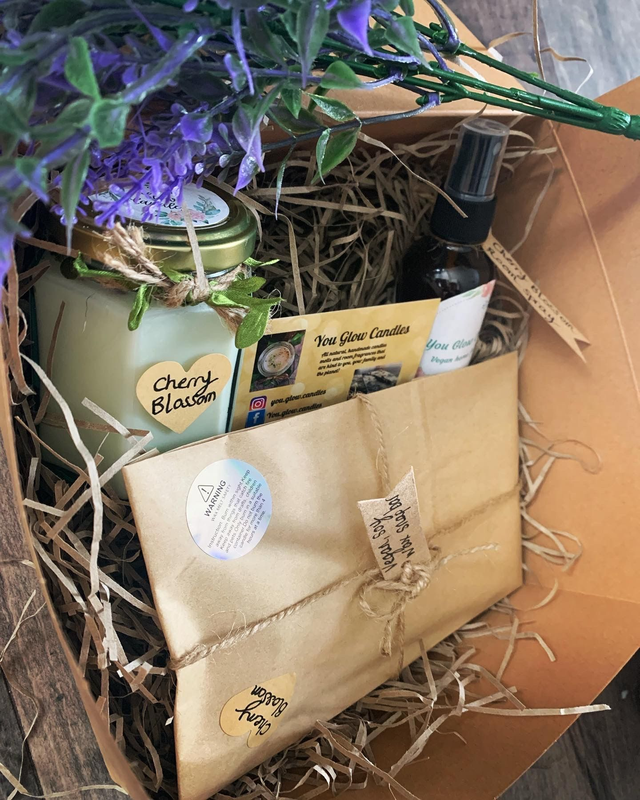 Large self care package (containing one 5oz soy wax candle, one soy wax snap bar and one 60ml room and fabric spray)