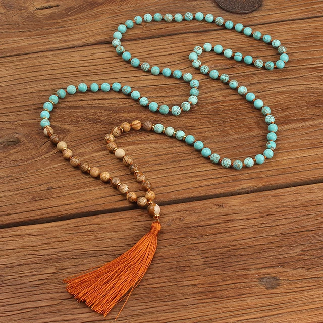 Mala ketting | Picasso Jaspis &amp; Turkoois | 108 kralen met kwastje | 8mm | Blauw | Sparkolia