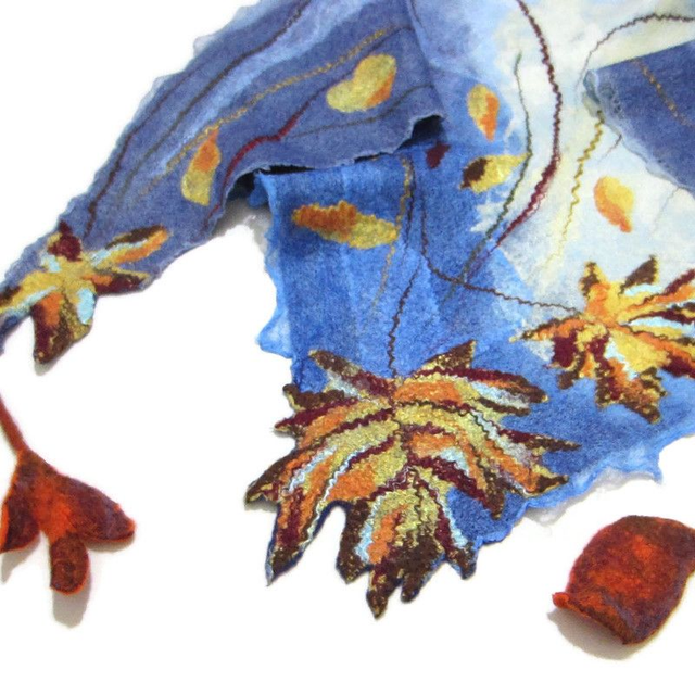 Scialle lana merino seta feltro fatto a mano bactus infeltrimento blu