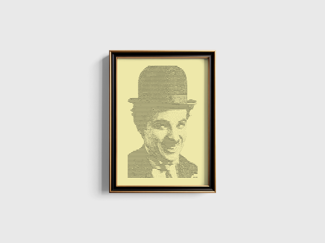 A3 Schreibmaschinen-Porträt Charlie Chaplin in Schwarz auf Elfenbein