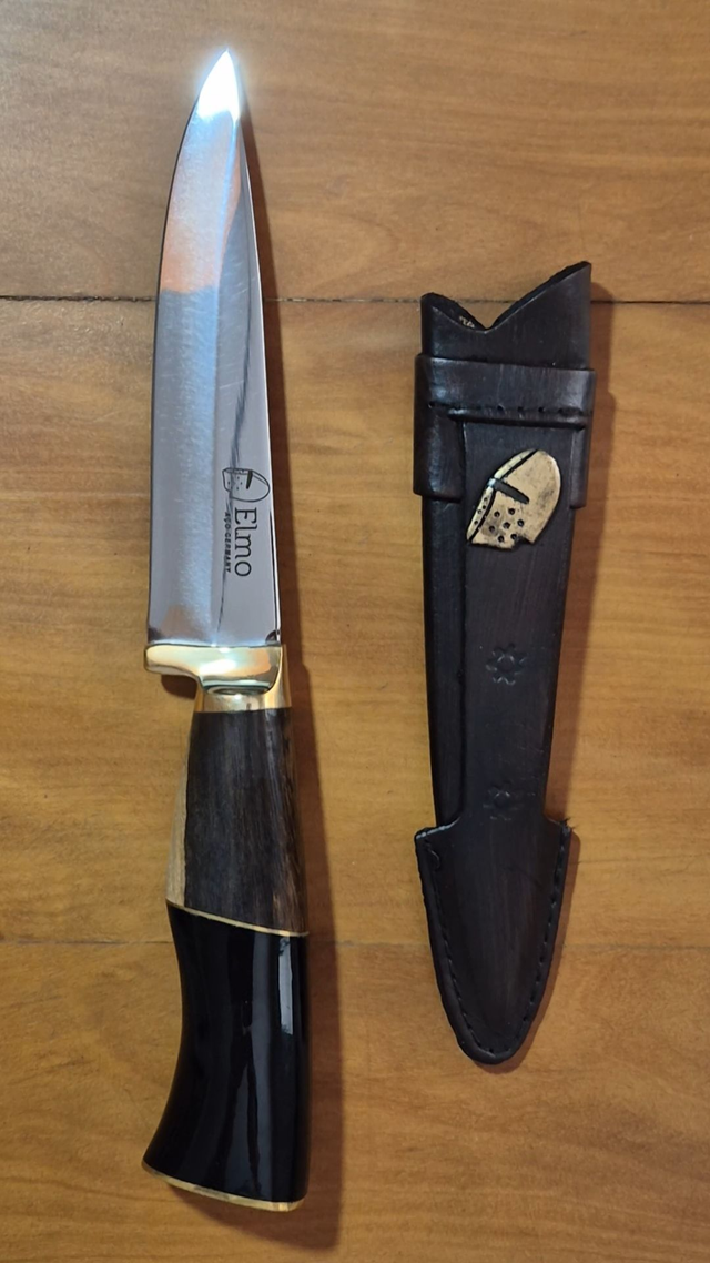 Faca Artesanal 5 Pol Aço Inox Alemão Elmo Cabo Madeira Latão