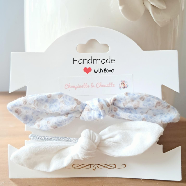 Élastiques à cheveux avec nœud ‐ lot bleu liberty/pois blancs