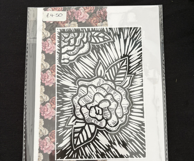 Lino print rose card 