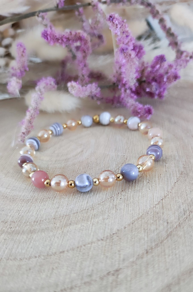 Bracelet "Émotions négatives" Agate de Botswana rose et Quartz Aura