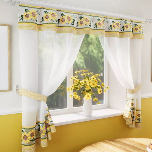 Keswick Floral Embroidered Window Set with Matching Tie Backs in Yellow