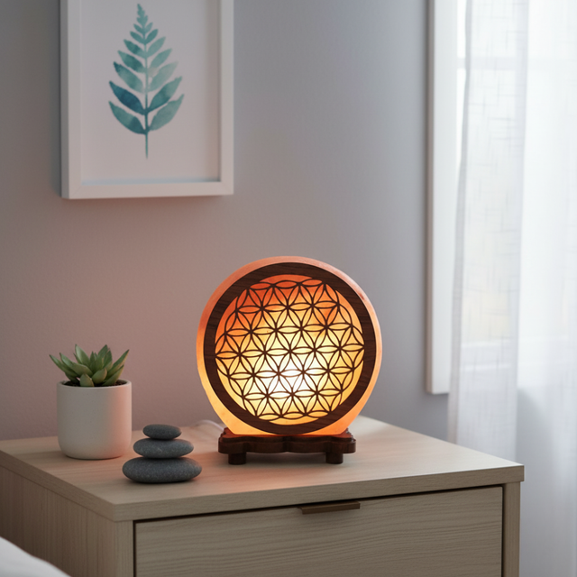 Lampe de Sel d&#039;Himalaya rose à frame -  Lampe de Sel Fleur de Vie