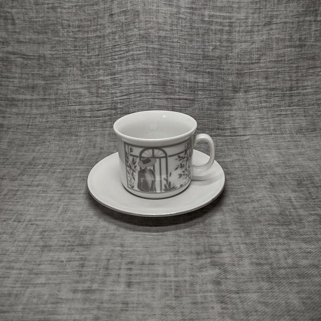 J. Kronester | Kop- en schotel in witte kleur met aan de randen een grijs gekleurde bies in &#039;Lente&#039; stijl | Vintage