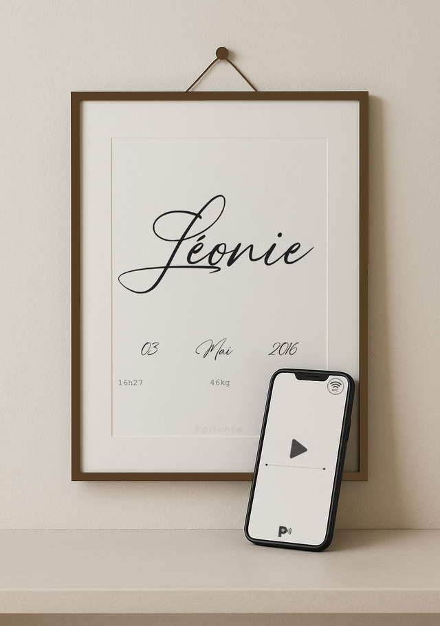 Affiche interactive Naissance personnalisable (Audio, vidéo, galerie photos à découvrir etc.)