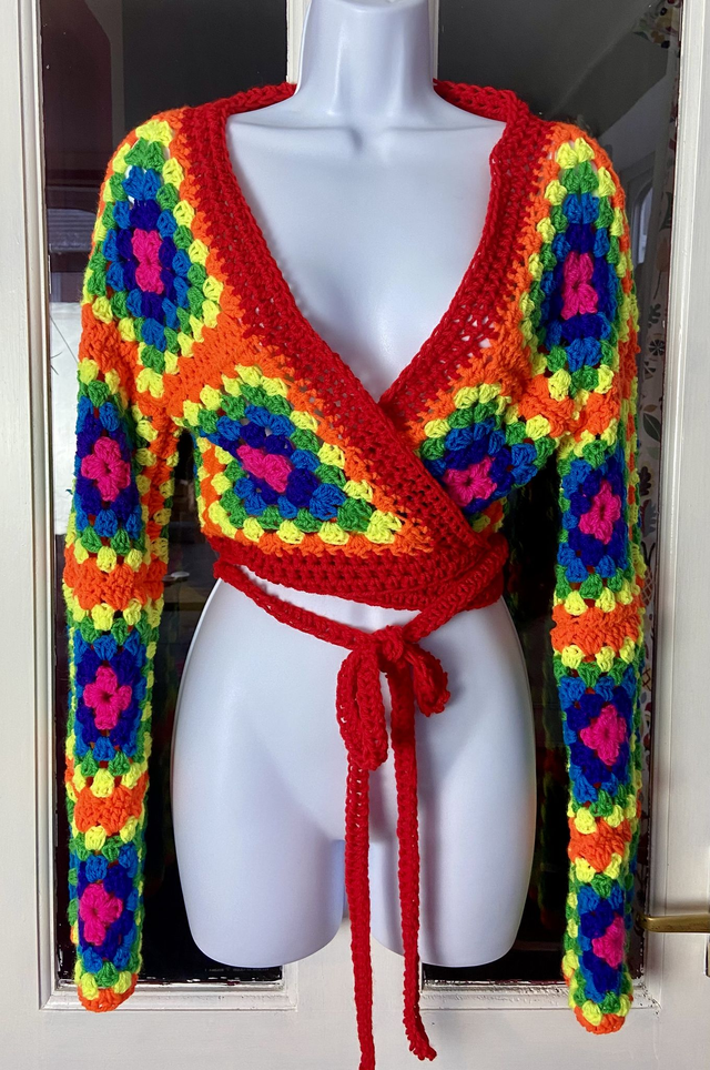 Crochet wrap cardigan.