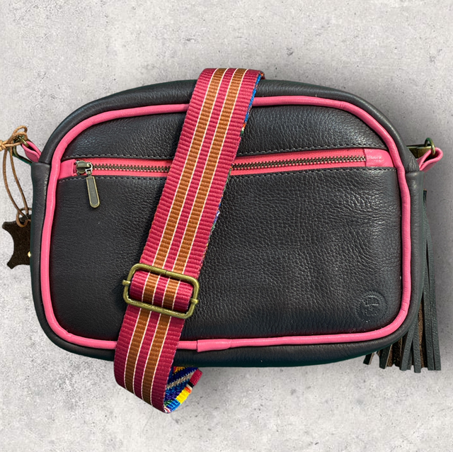 Soft brown and pink leather cross body camera style bag ‘Amelia’ 