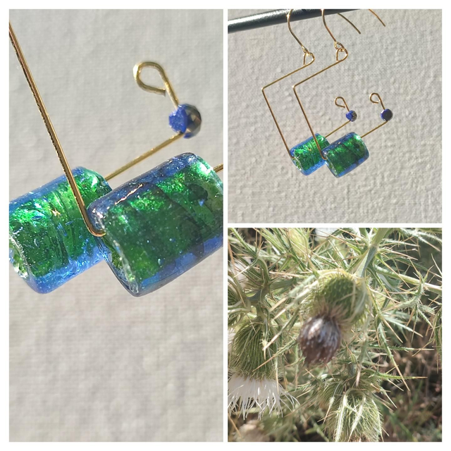 Boucles d'oreilles carrées, verre bleu/vert, acier inoxydable doré -sans nickel, pièce unique 