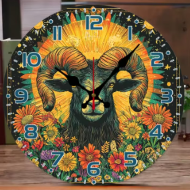 Ronde wandklok van hout Ram met herfstzon (25cm)