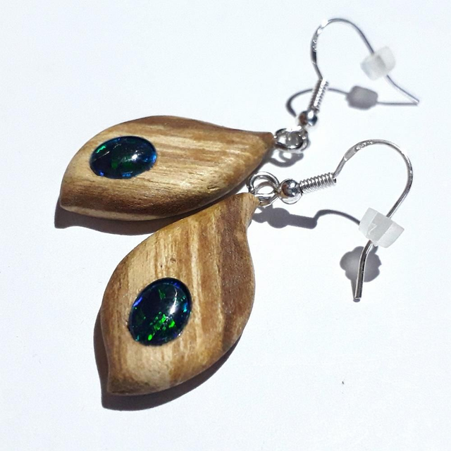 Lightning Ridge Opal Triplet Earrings with Hand Carved Palo Santo Wood 