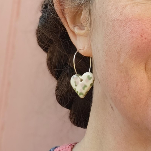 Silver Heart Hoops - Floral