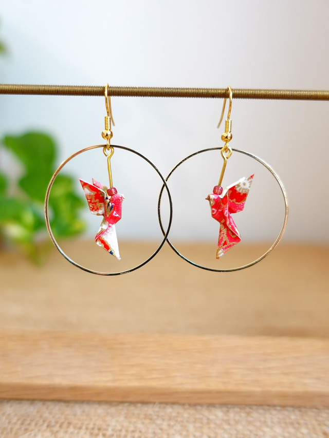 Oiseaux, Colombe en Origami / Crochets plaqué or 14K / Papier japonais washi / Rose, Or / Créole, Anneaux /  Boucles d&#039;oreilles / Bijou origami /
